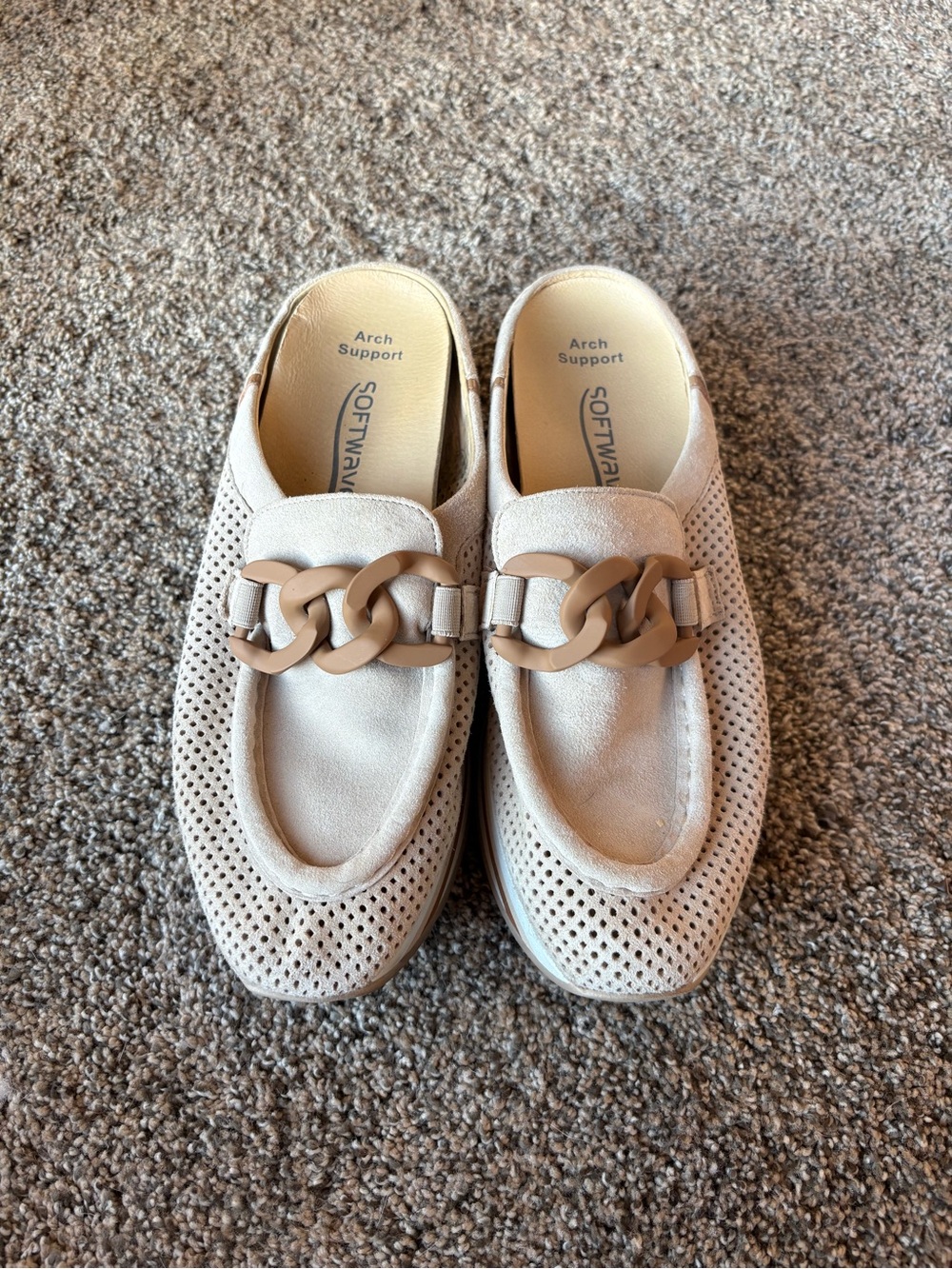 SoftWaves Women's Cream Slip-On Loafer with Decorative Chain